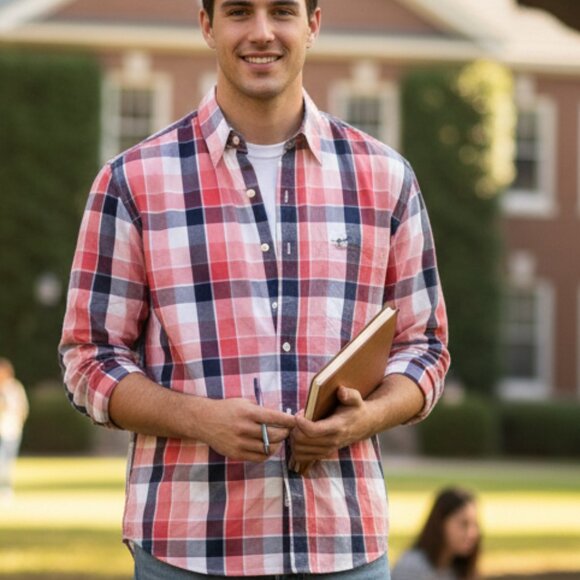 Lacoste Men's Red and Blue Plaid Shirt - Picture 1 of 9